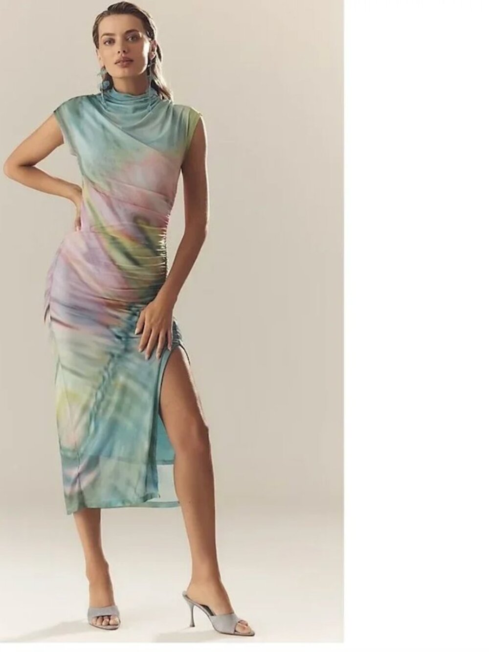 The Maya Ruched Cowl-Neck Mesh Dress